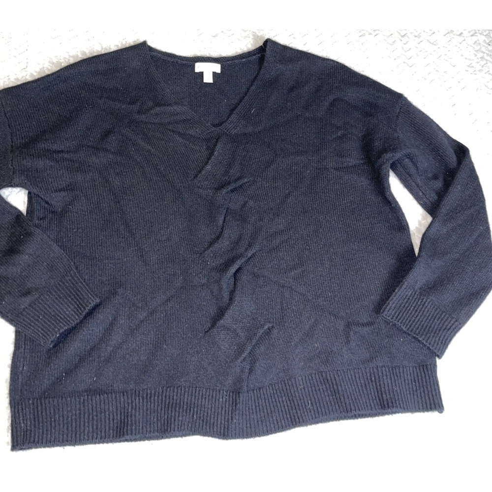 Garnet Hill  Black cashmere‎ Cable Front Detail Preppy V neck sweater Medium - Picture 4 of 10